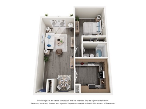 Floor plan for 1 bed, 1 bath, 750 sqft